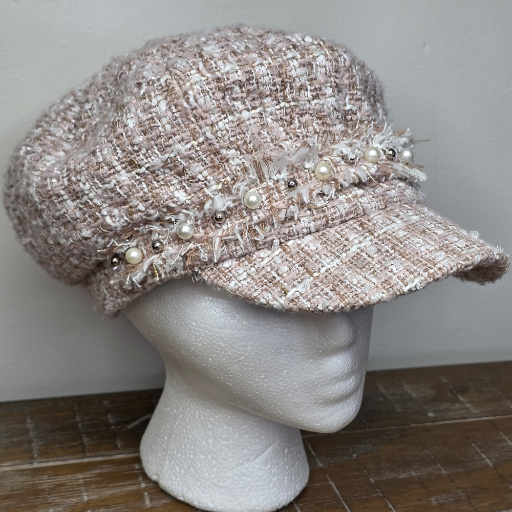Y2K Style Cabbie Hat Boucle Embellished Tweed Pearl-Embellished Cap Coquette